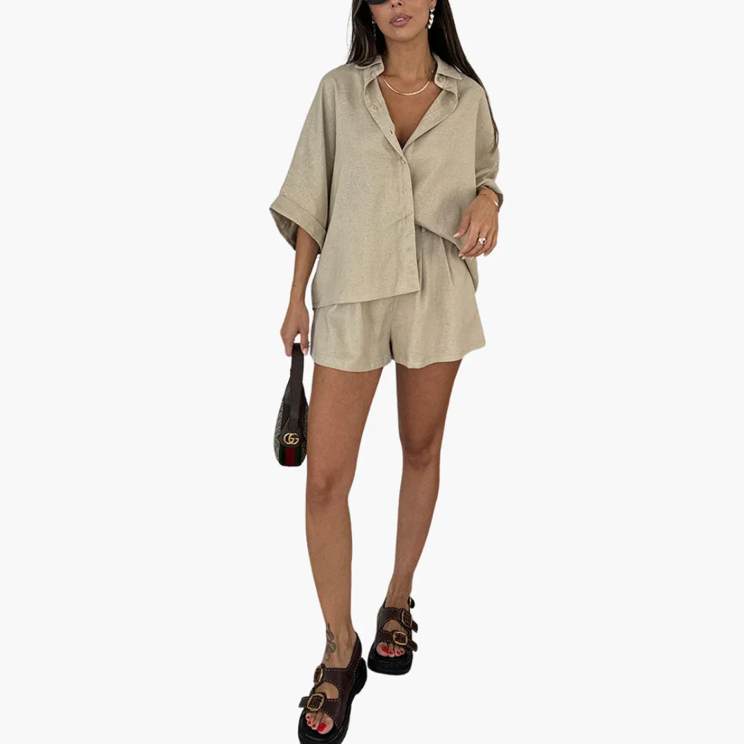 Two-Piece Set - Women's Blouse and Shorts for Summer Days