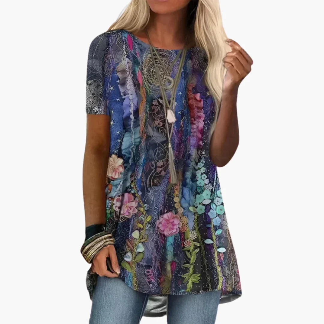 Floral Blouse for Women - Short Sleeve, Multicolored, Elegant