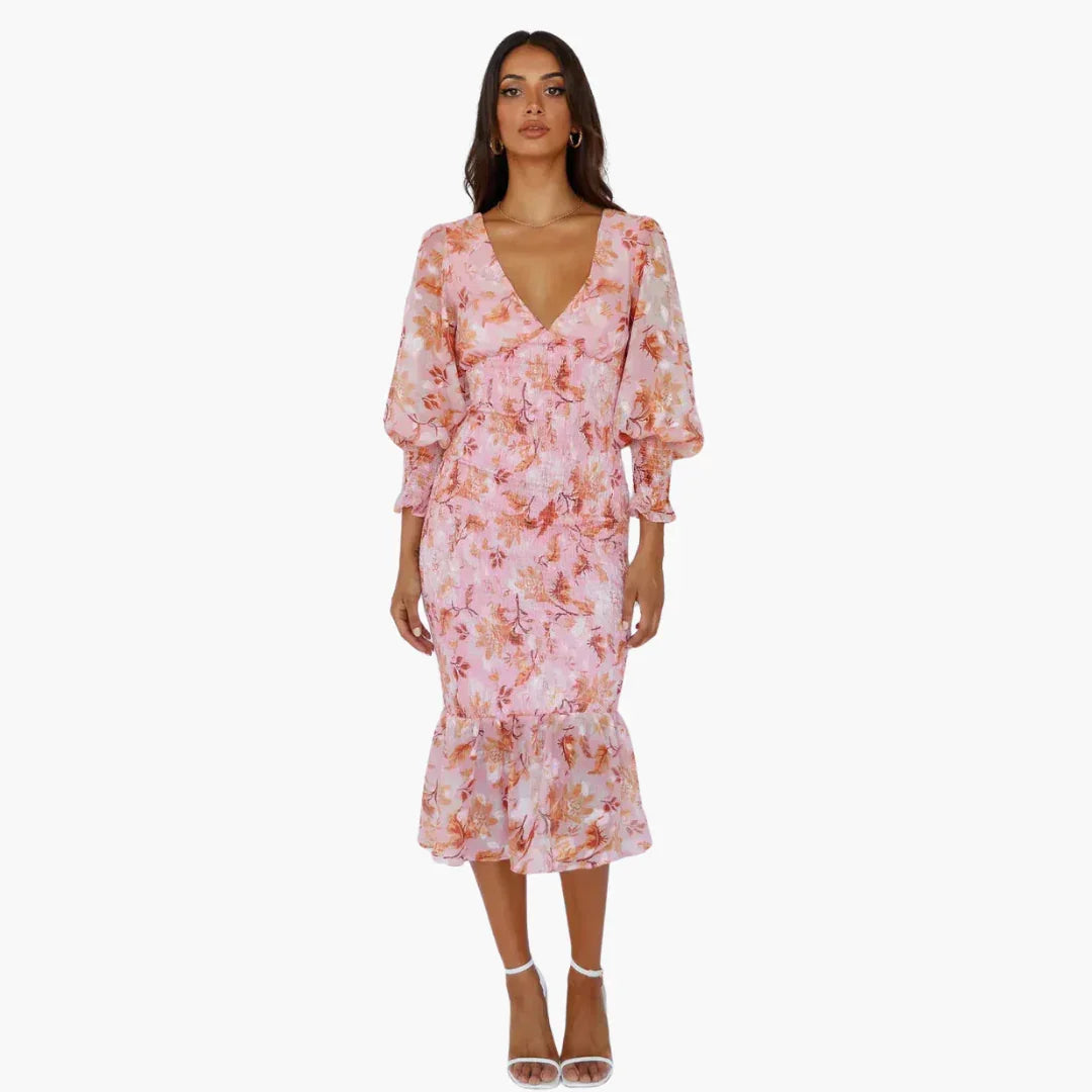 Bavane | Flower Midi Dress with Puff Sleeves - Elegant Women's Summer Dress