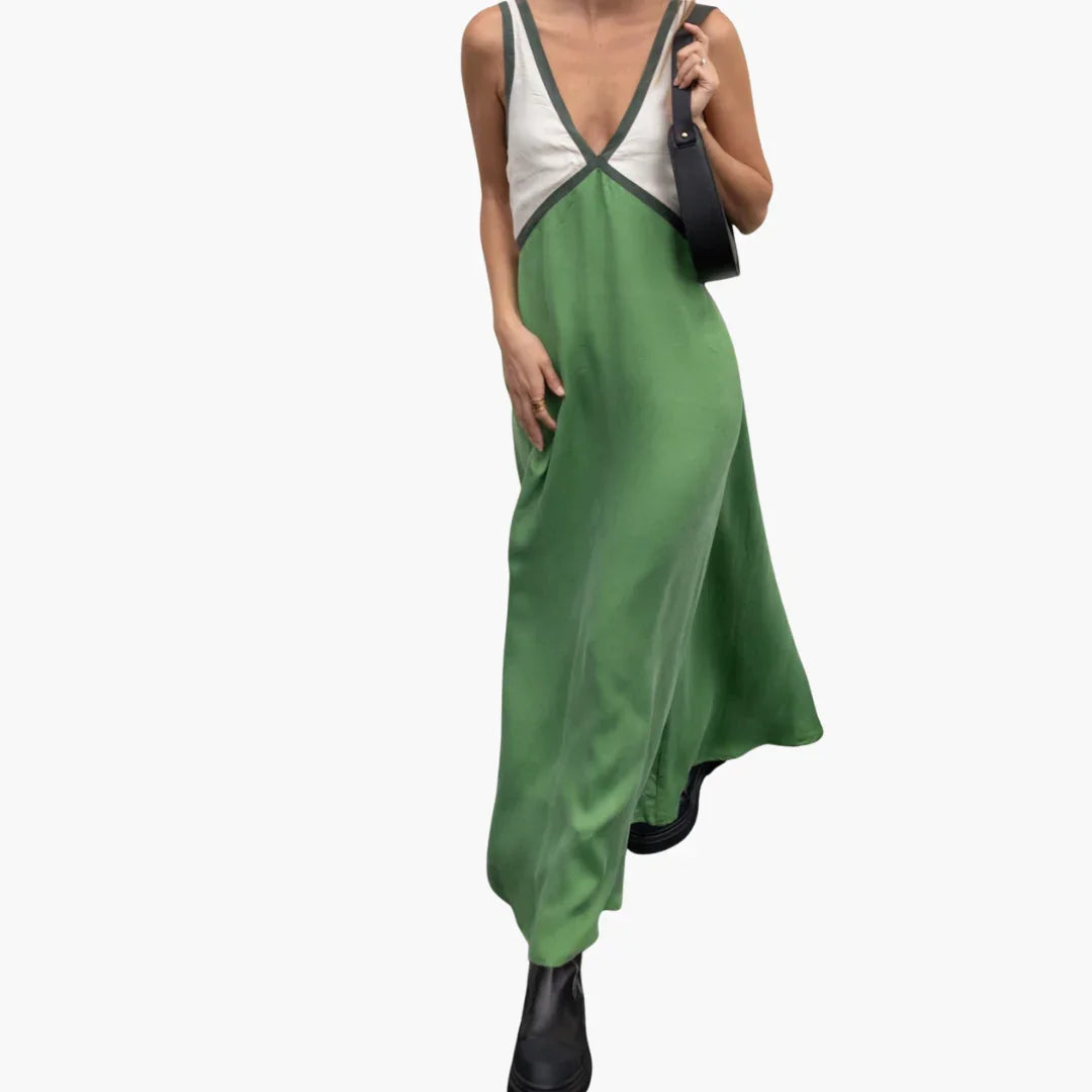 Light V-Neck Maxi Dress for Women - Color Block Design