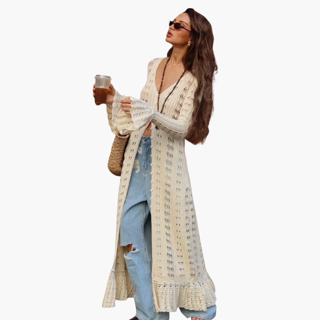 Bavane | Women's Long Cardigan with Open Front and Flared Sleeves