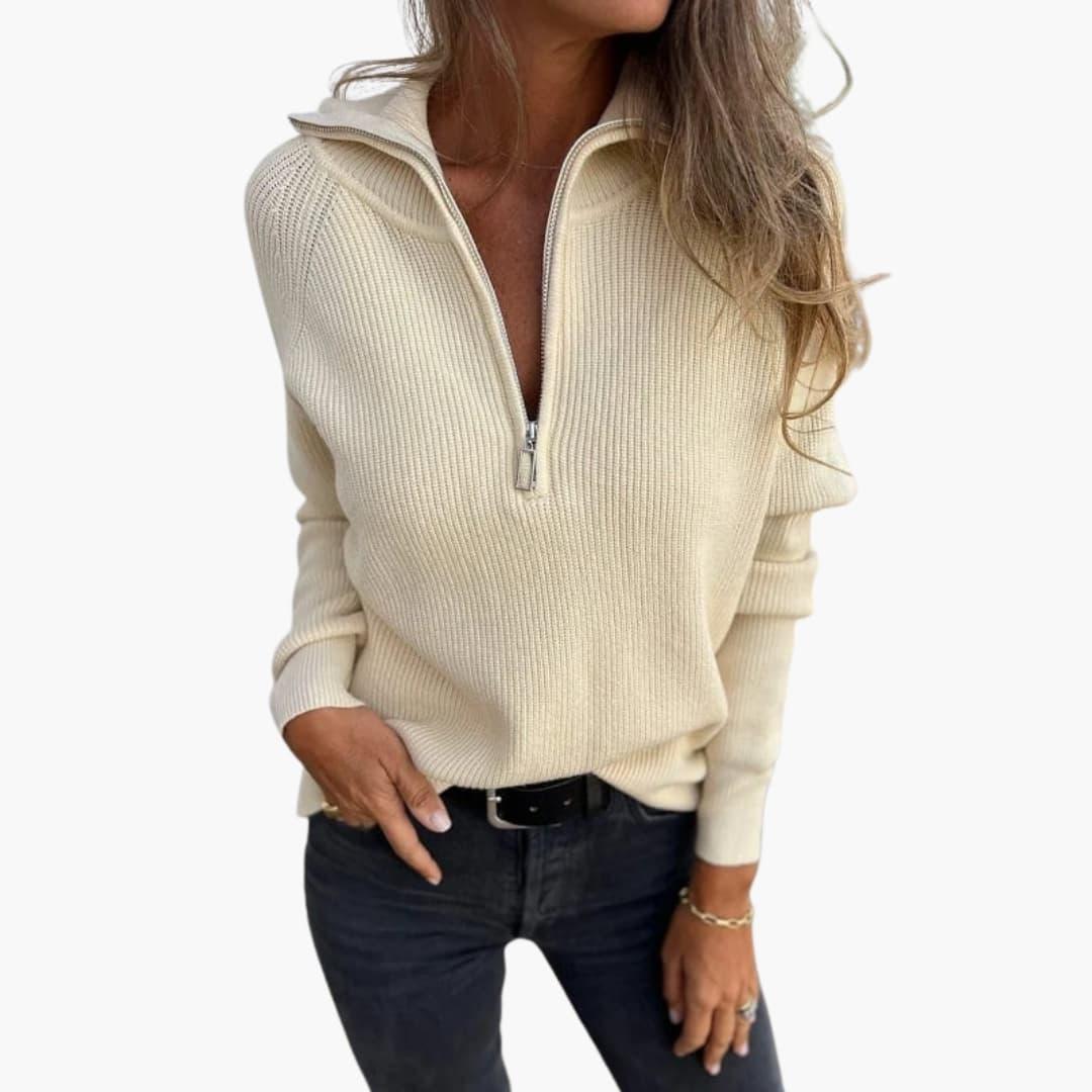 Women's Sweater with V-Neck and Zipper Detail