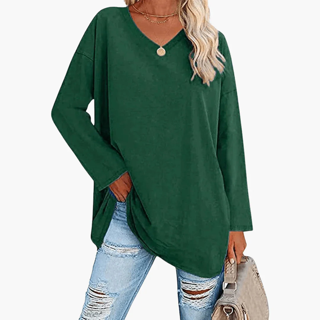 Ladies Oversized V-Neck Long Sleeve Shirt  Comfortable & Casual