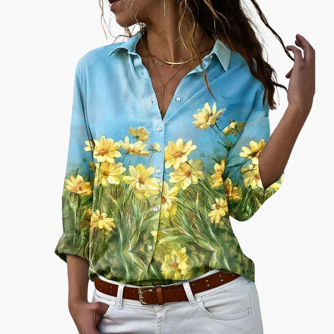 Women's Blouse with Button Placket and Printed Surface