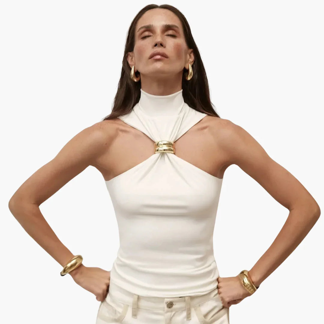 Chic High Neck Halter Top - for Women with Gold Accent