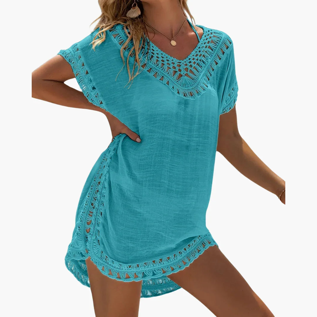 Crochet Beach Dress with V-Neck - Women's Summer Cover-up