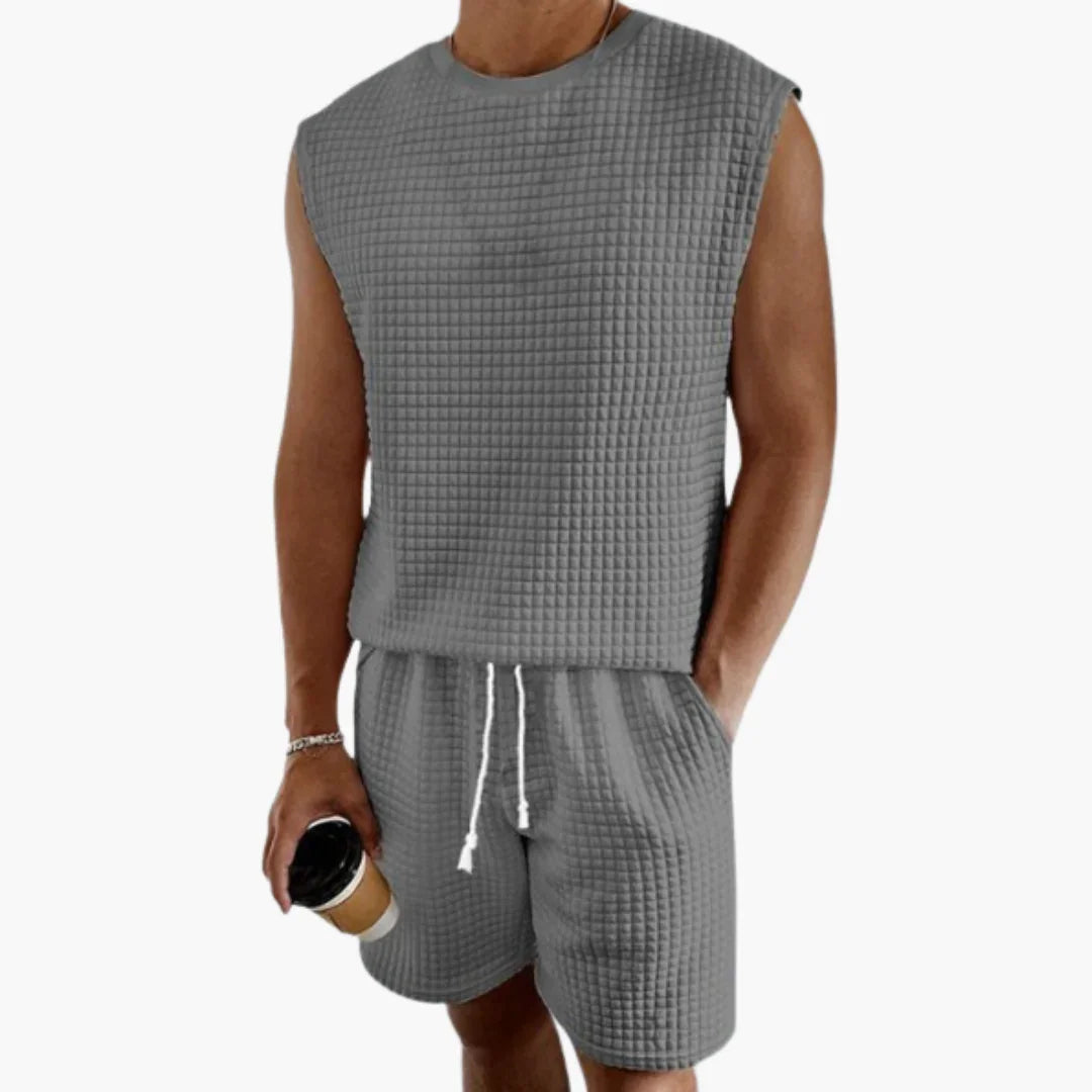 Men's Lounge Set with Sleeveless Top and Waffle Texture