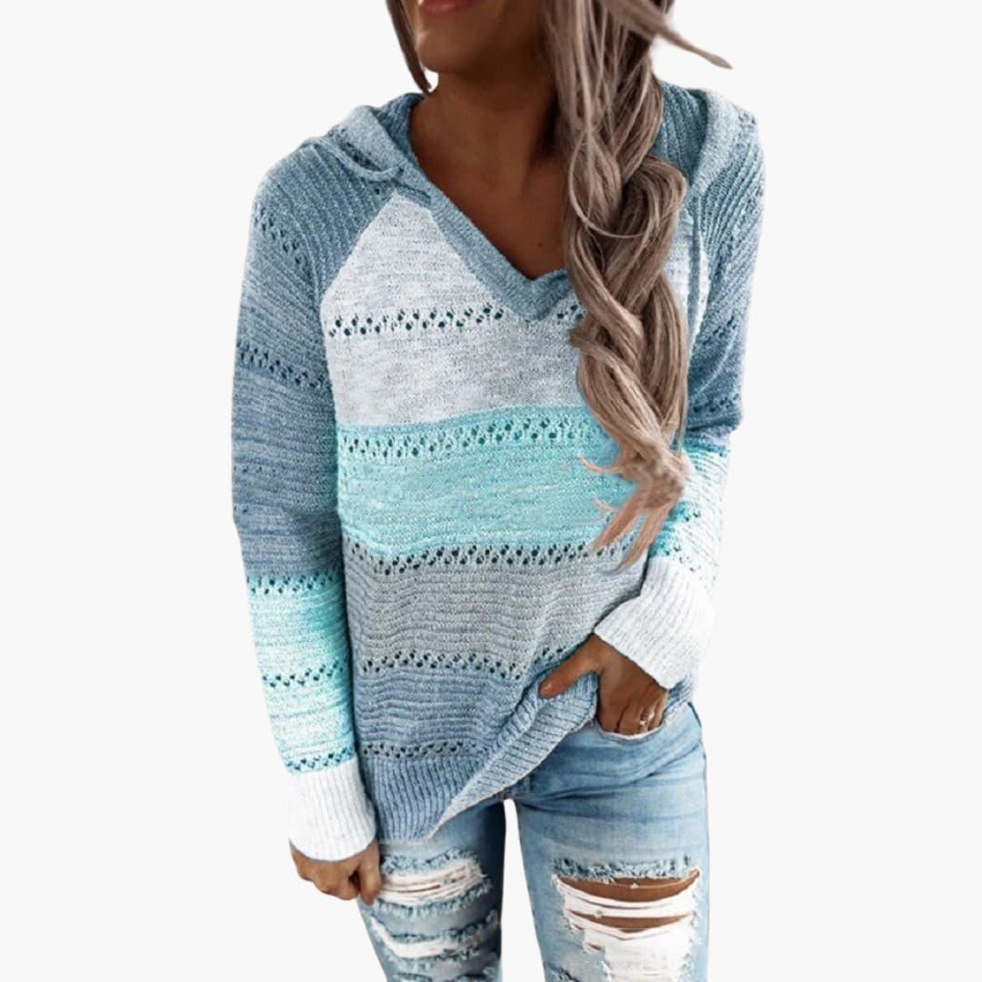 Women's Hooded Sweater with V-Neck and Striped Surface
