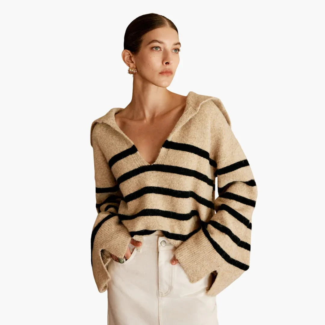 Women's sweater with V-neck and striped surface