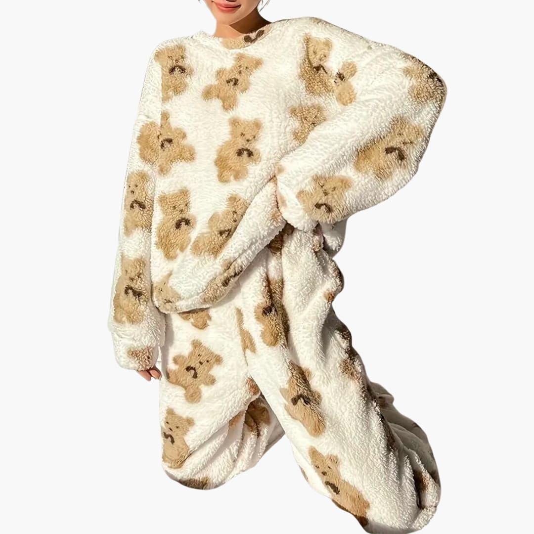 Women's Fleece Pajama Set with Bear Print and Elastic Waistband