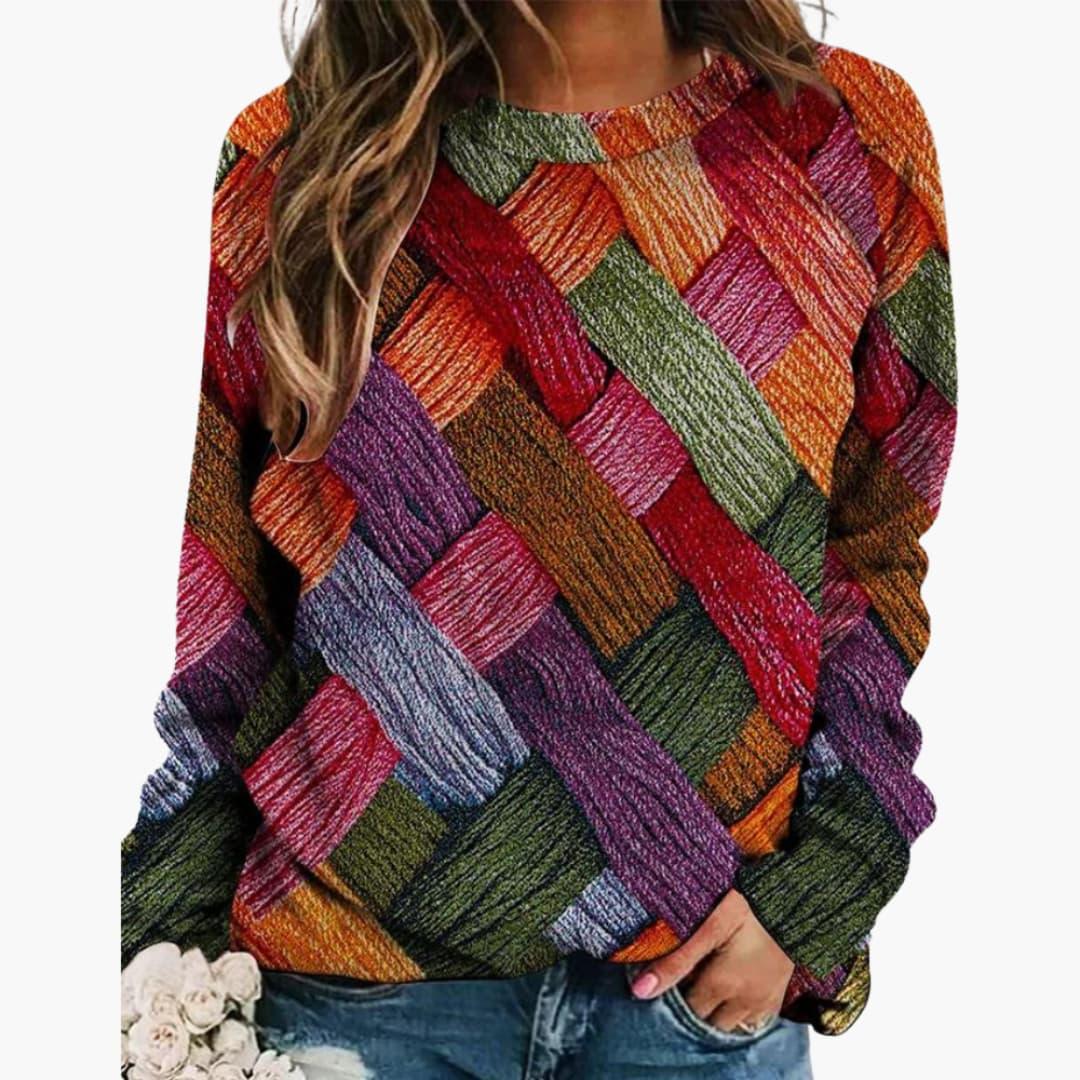 Women's Sweater with Colorful Patchwork and Round Neckline