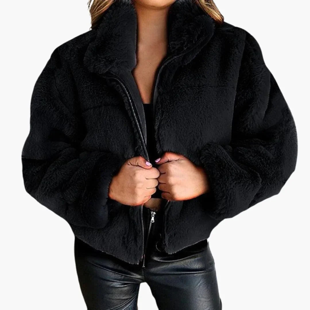 Women's Faux Fur Jacket with Zipper and Stand-Up Collar
