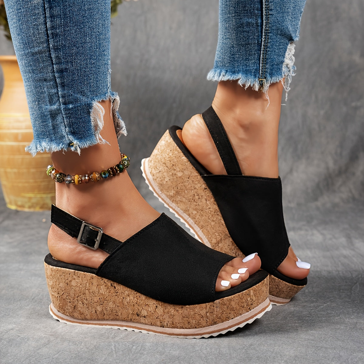 Women's Orthopedic Sandals with Platform Sole and Buckle Straps
