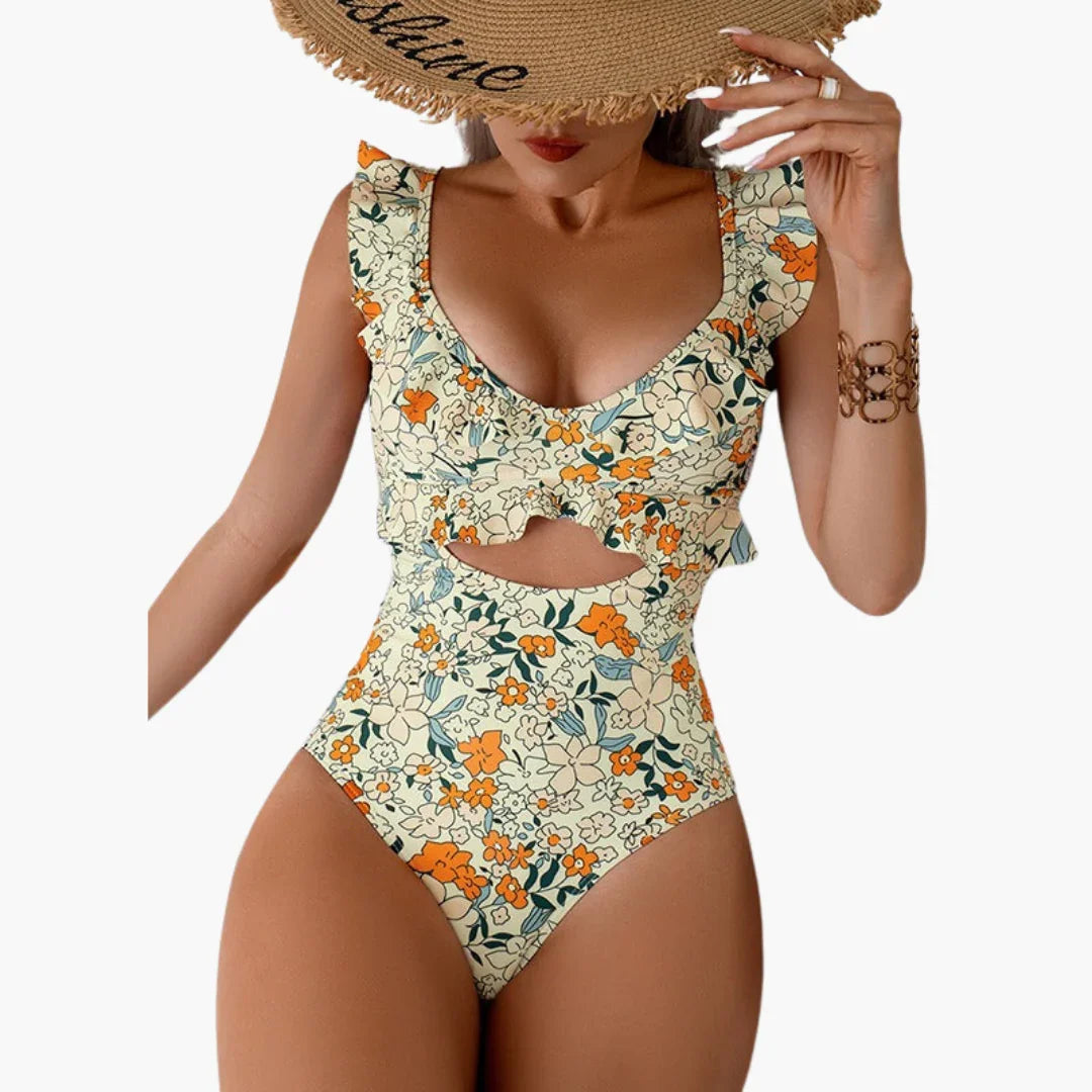 Women's Swimsuit - Floral One-Piece with Ruffles & Cut-Out