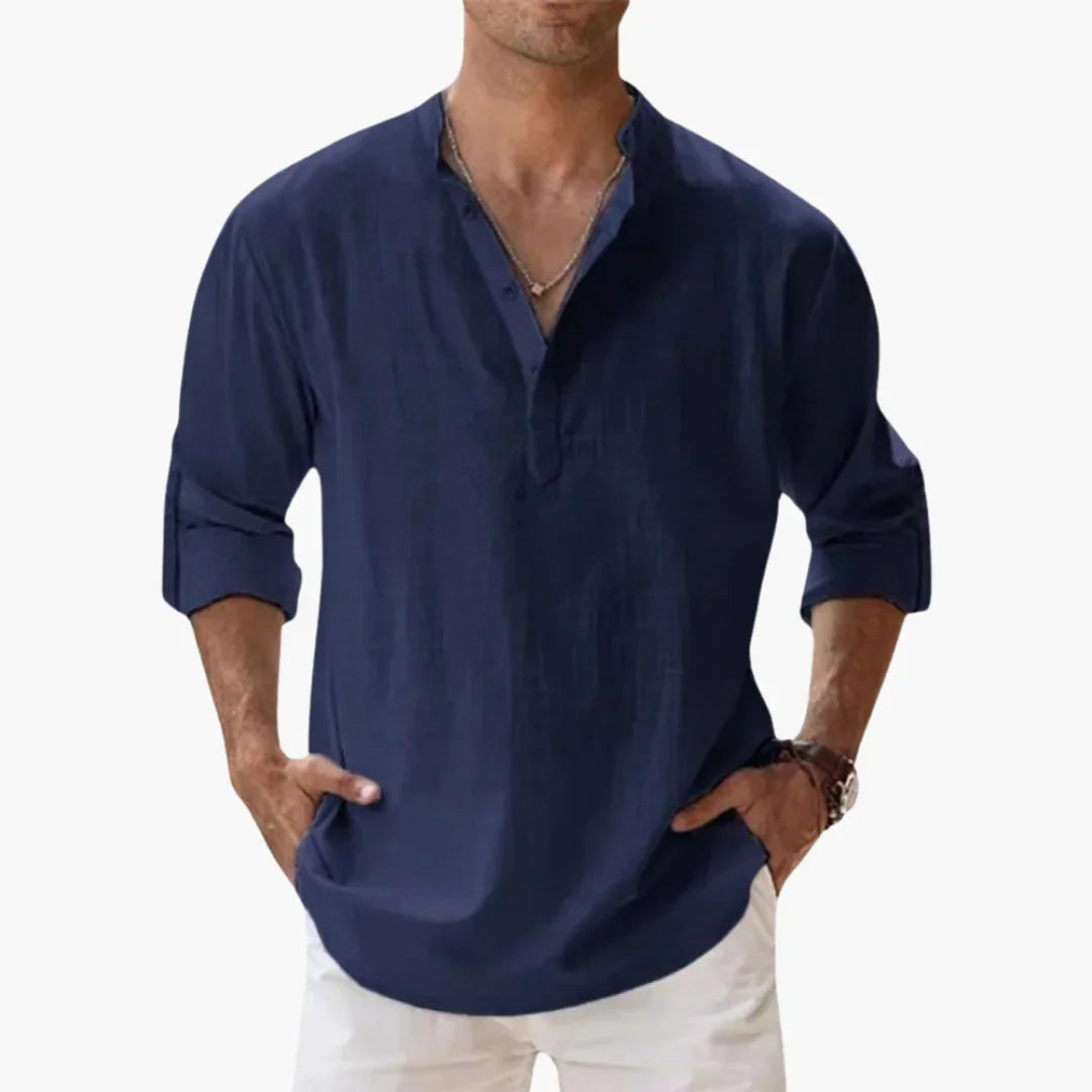 Casual Men's Linen Shirt  Long Sleeve, Henley Style