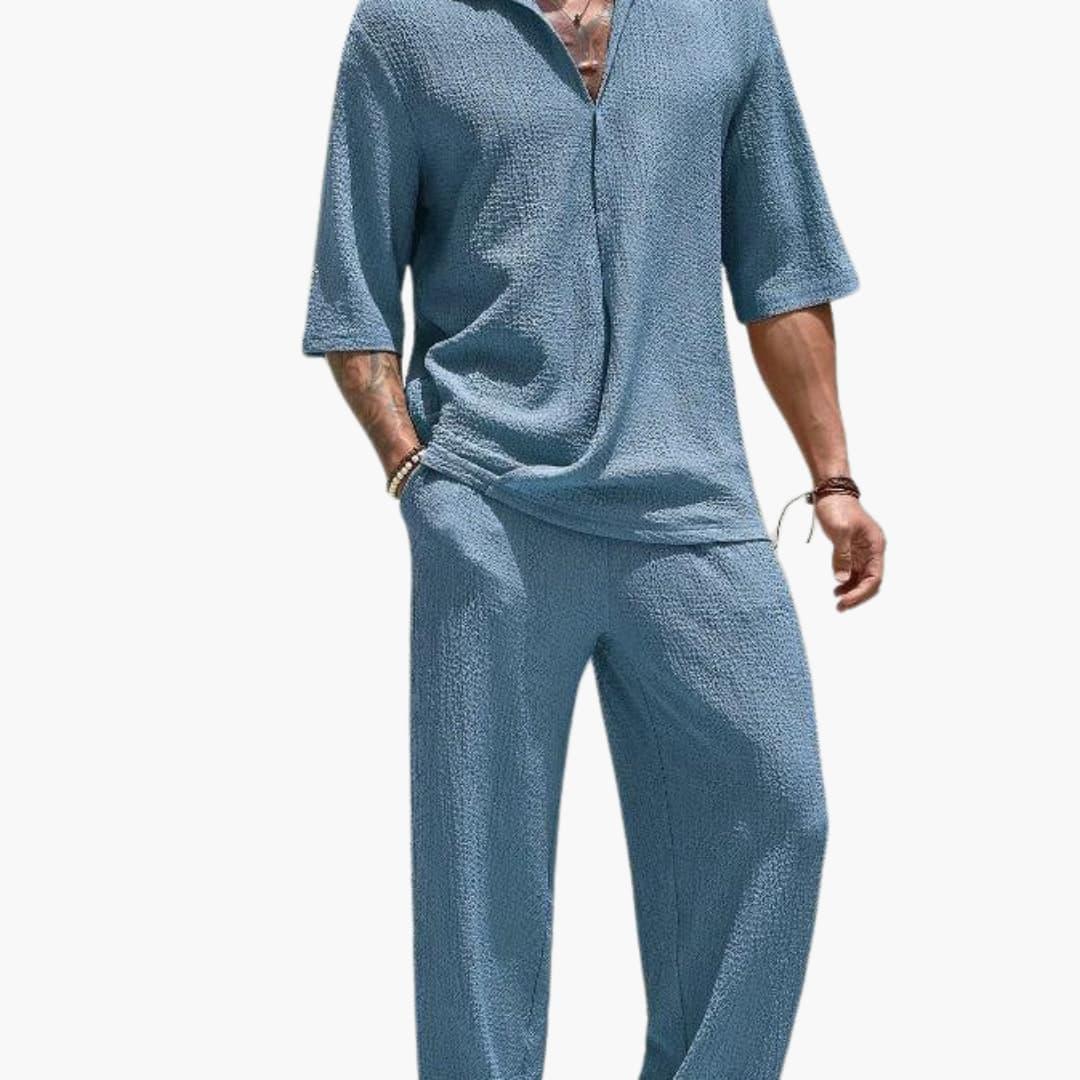 Men's Summer Set with Short Sleeve Shirt and Elastic Pants