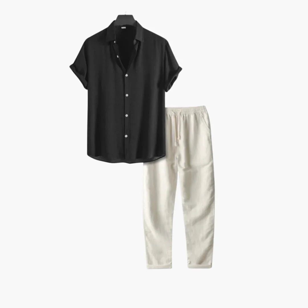Men's Summer Pajama Set with Short Sleeve Shirt and Long Pants