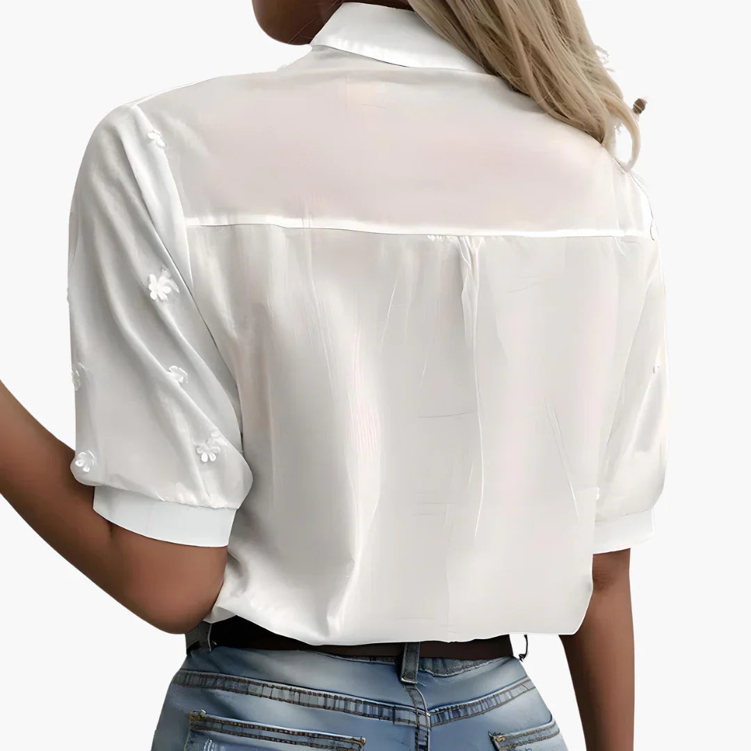 Women's Blouse with Short Sleeves and Embroidered Front