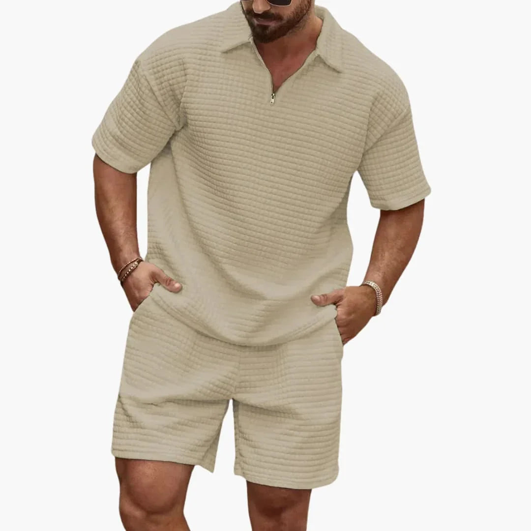 Men's Two-Piece Set with Quilted Texture and Half-Zip