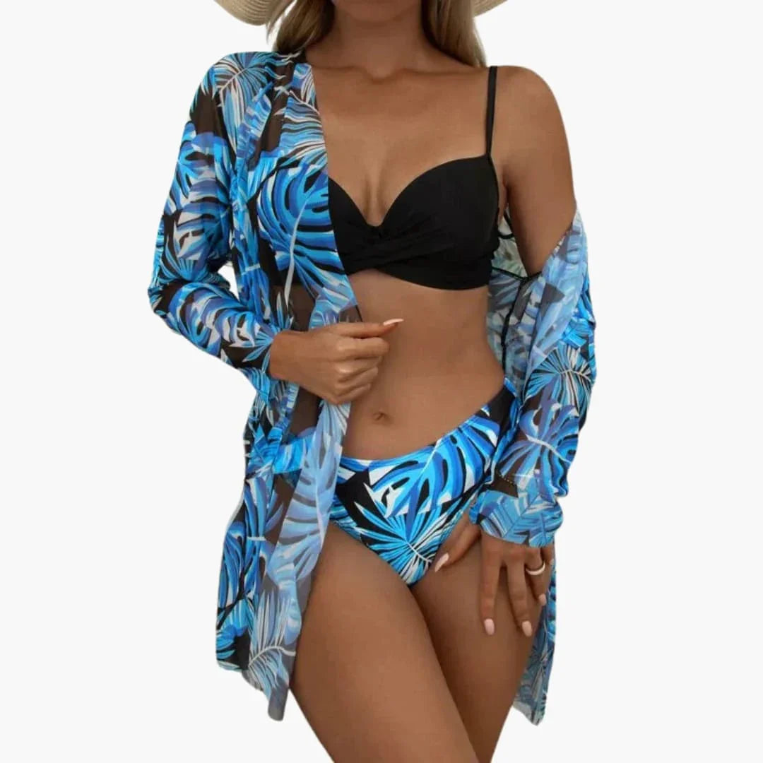 3-Piece Women's Bikini Set - with Kimono and High-Waist Bottom