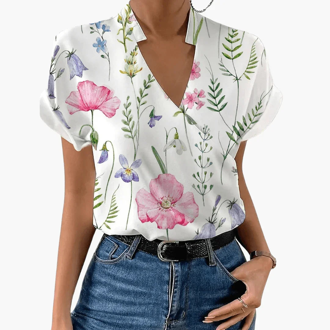 Blouse with Floral V-Neck for Women  Lightweight Summer Blouse