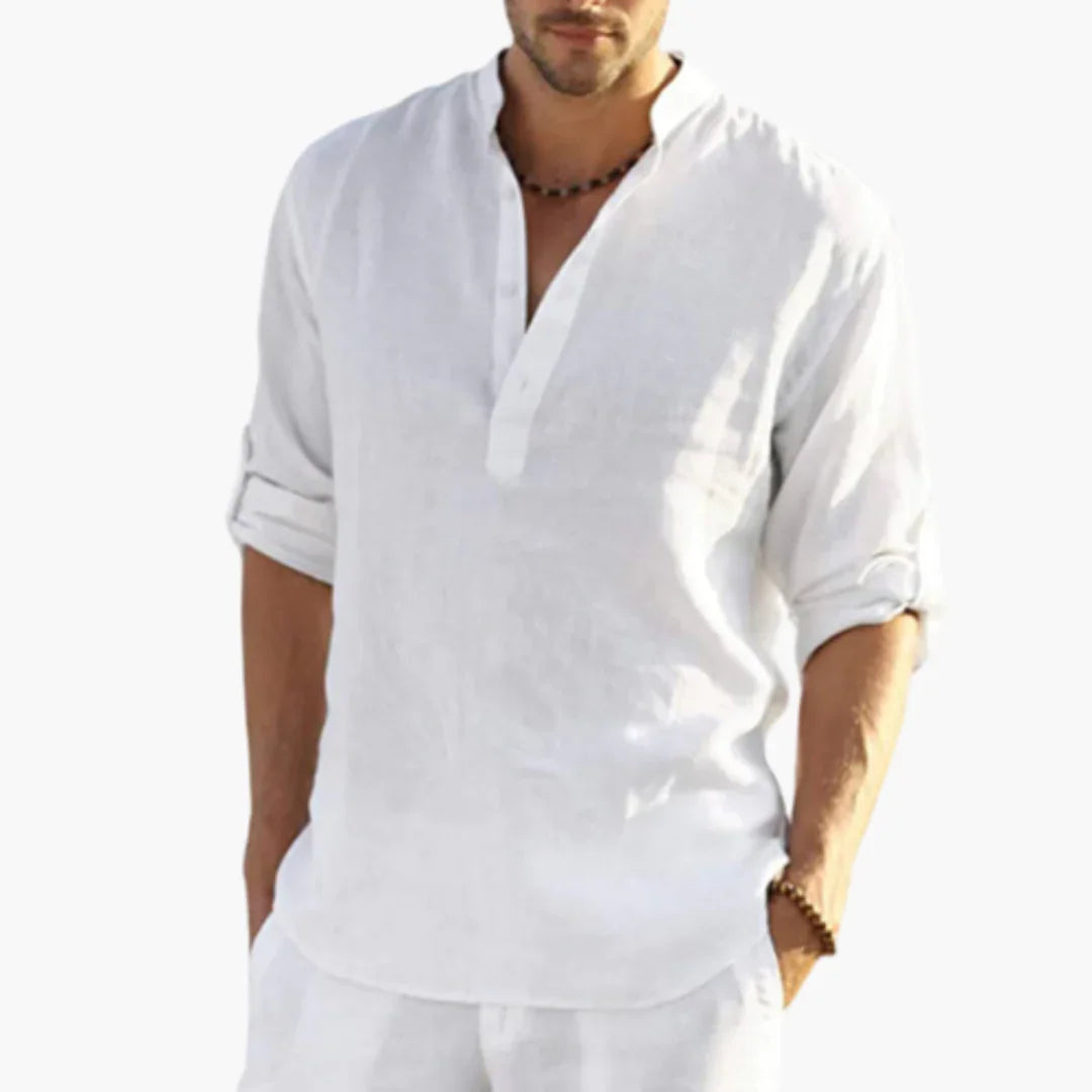 Stand Collar Linen Shirt with Button Placket for Men