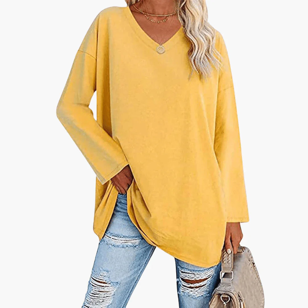Ladies Oversized V-Neck Long Sleeve Shirt  Comfortable & Casual