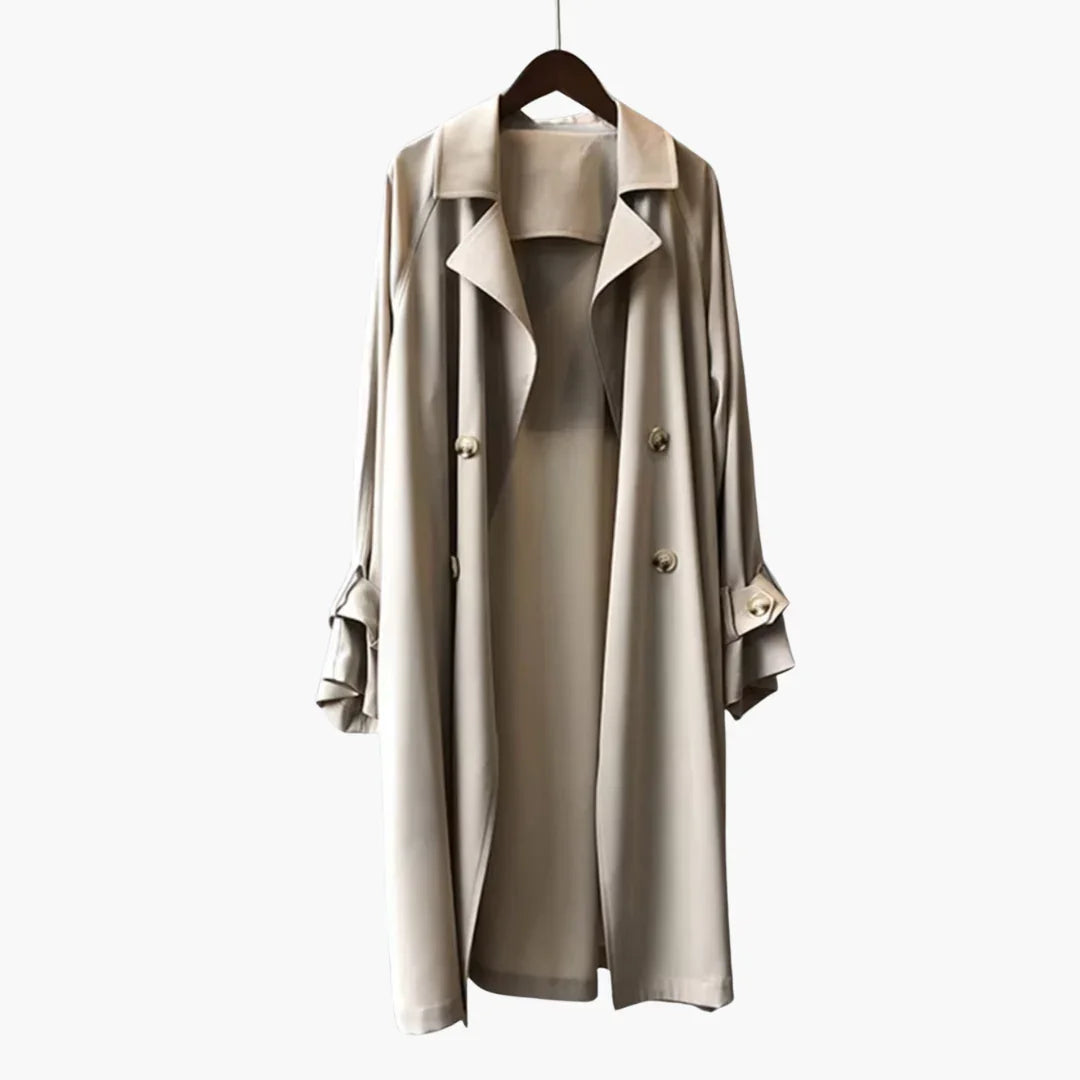 Women's Trench Coat with Lapel Collar and Double-Breasted Closure