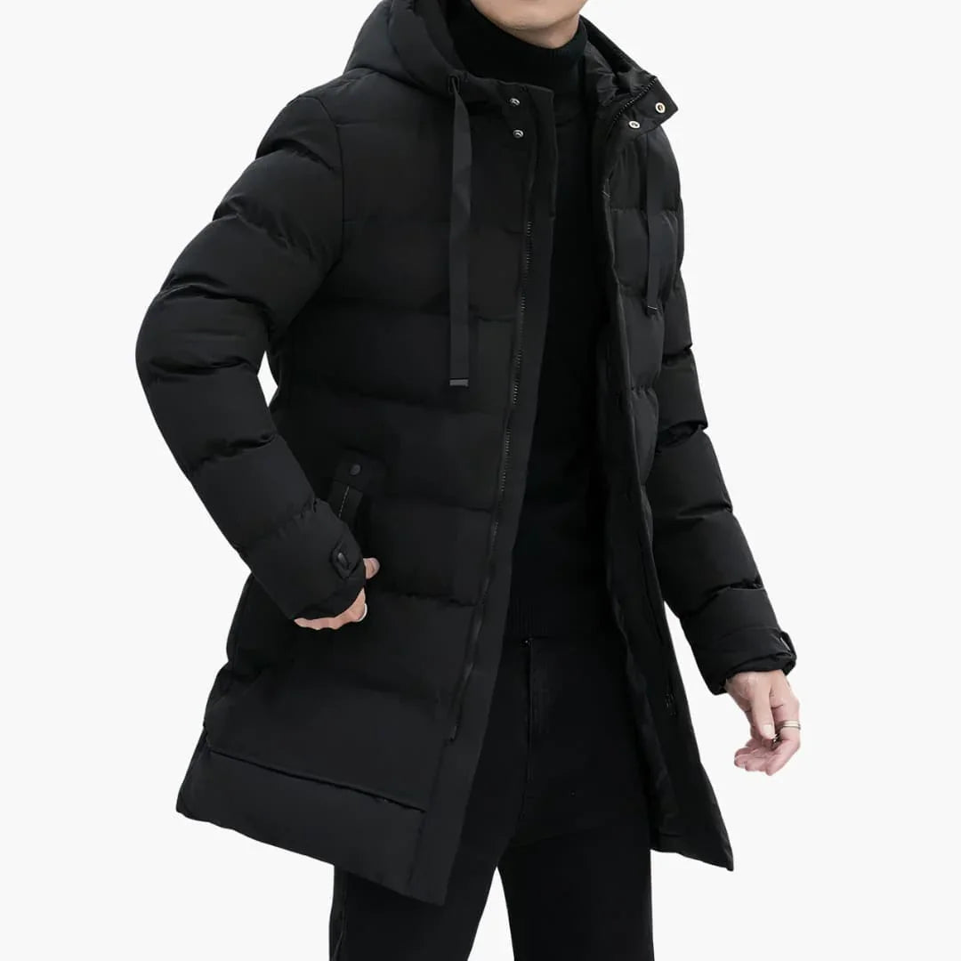 Men's Long Padded Jacket with Hood and Zipper