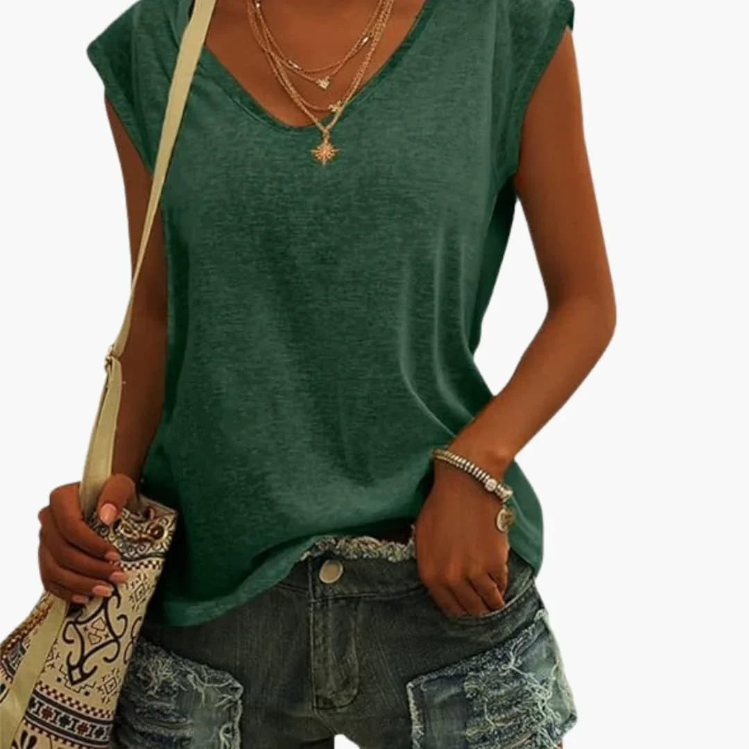 Womens V-Neck Top with Cap Sleeves and Stretch Material