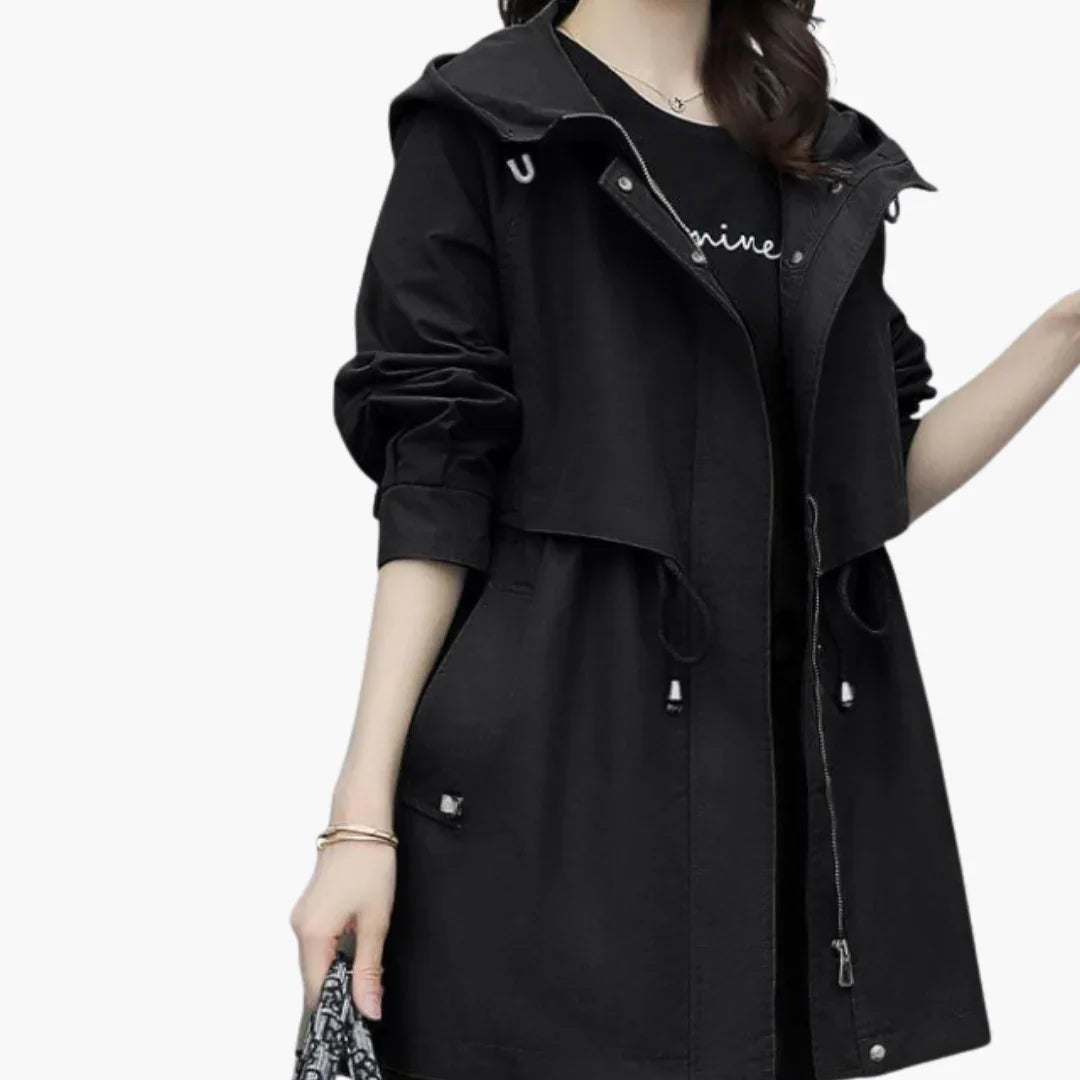 Womens Trench Coat with Hood and Adjustable Waist
