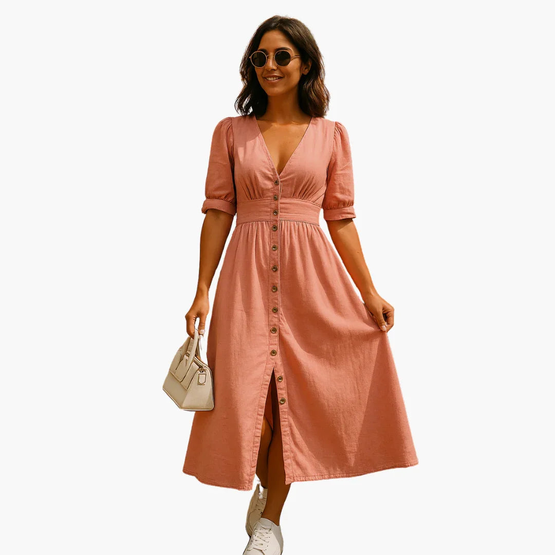 Midi Dress with Button Placket - Women's Fashion for Stylish Days