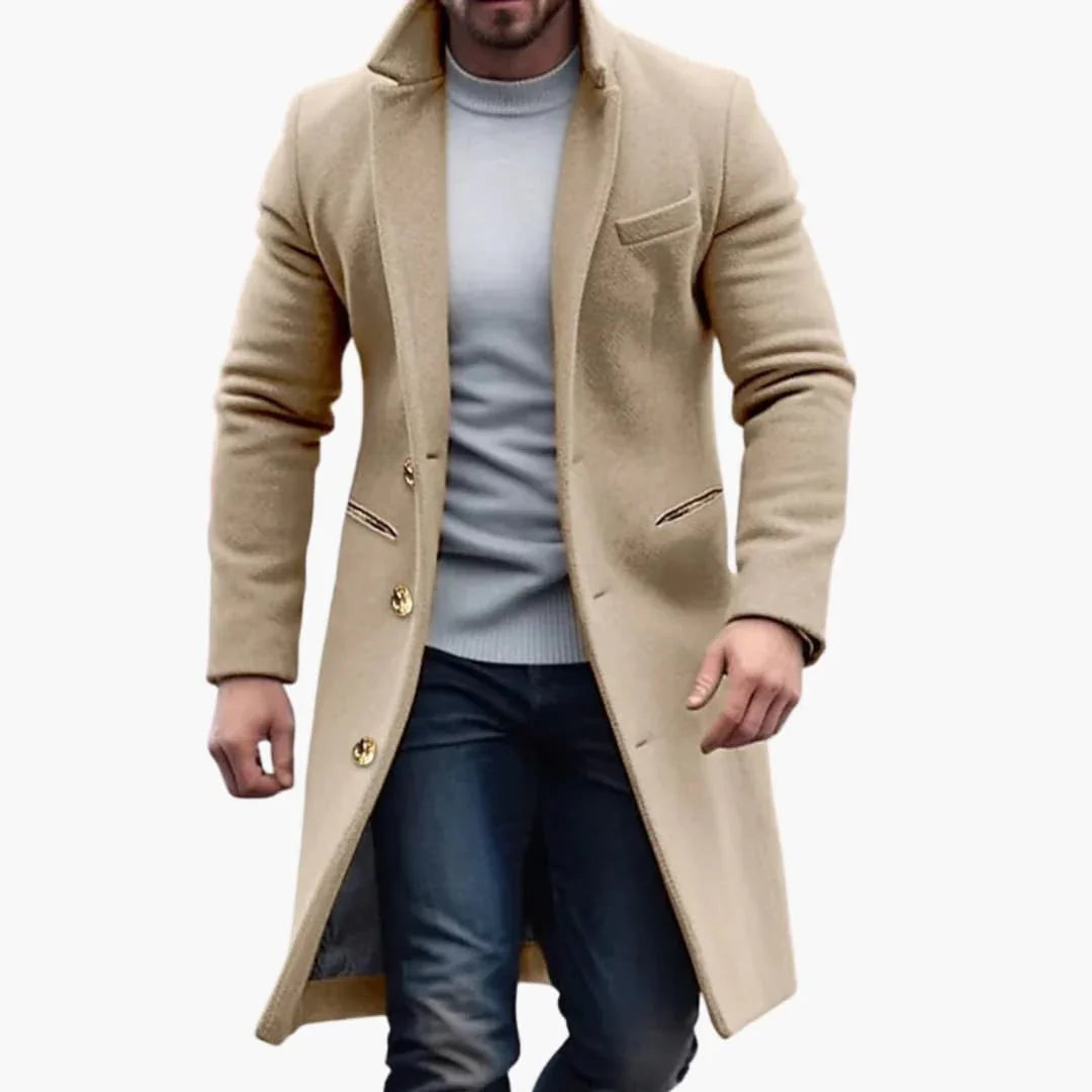 Men's Long Coat with Notched Lapel and Button Closure