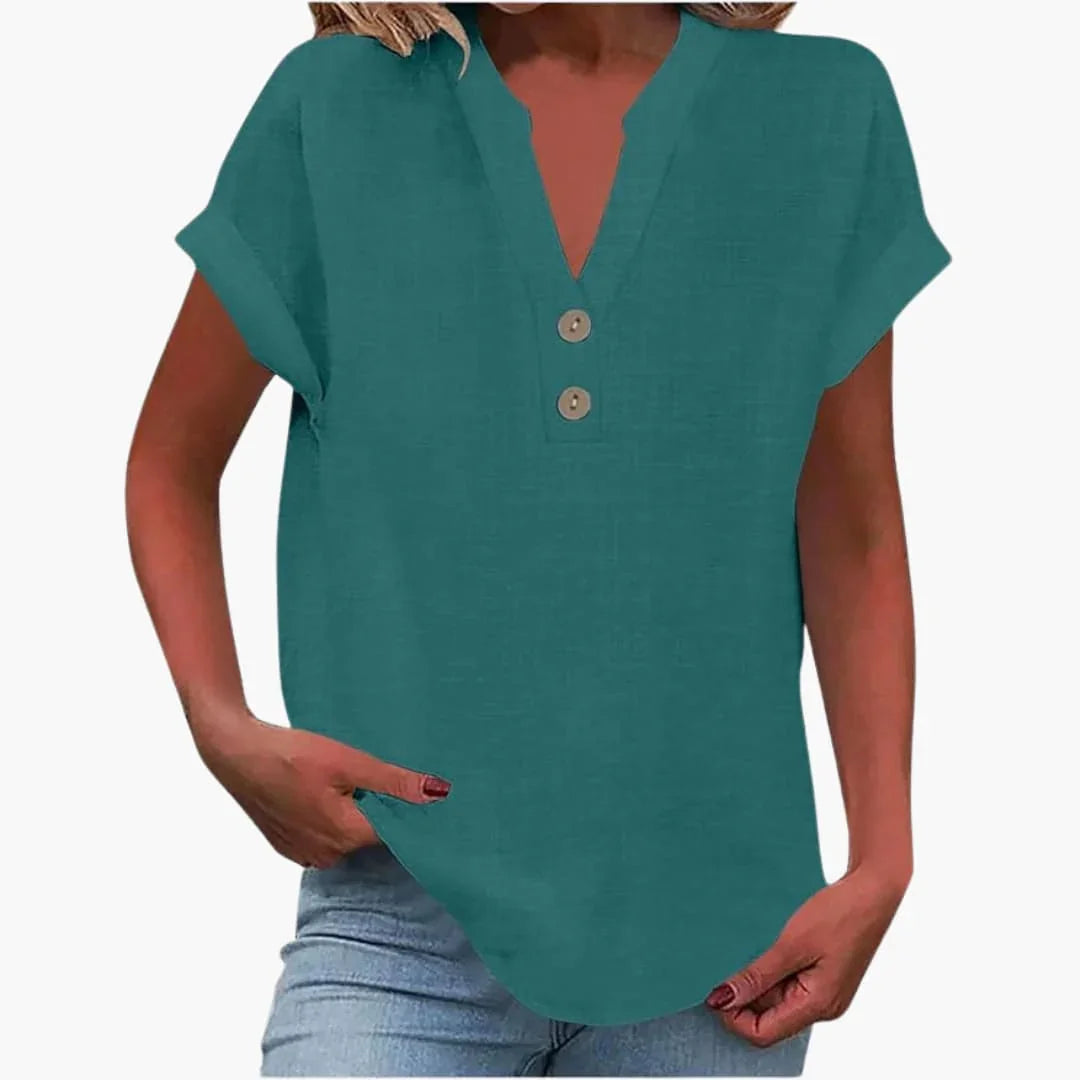 Women's Short Sleeve Shirt with V-Neck and Loose Fit