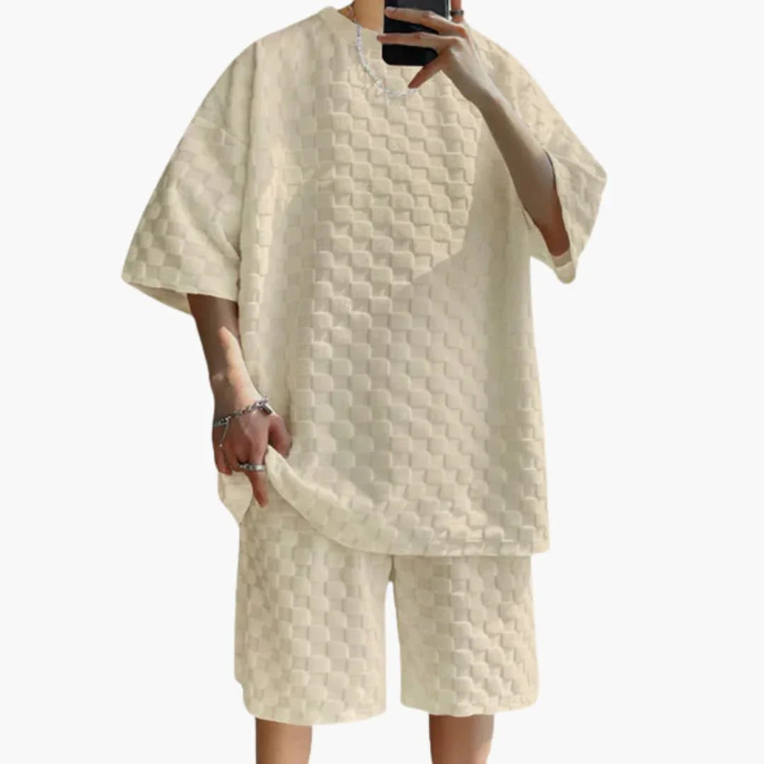 Men's Summer Two-Piece Set with Jacquard Shirt and Shorts