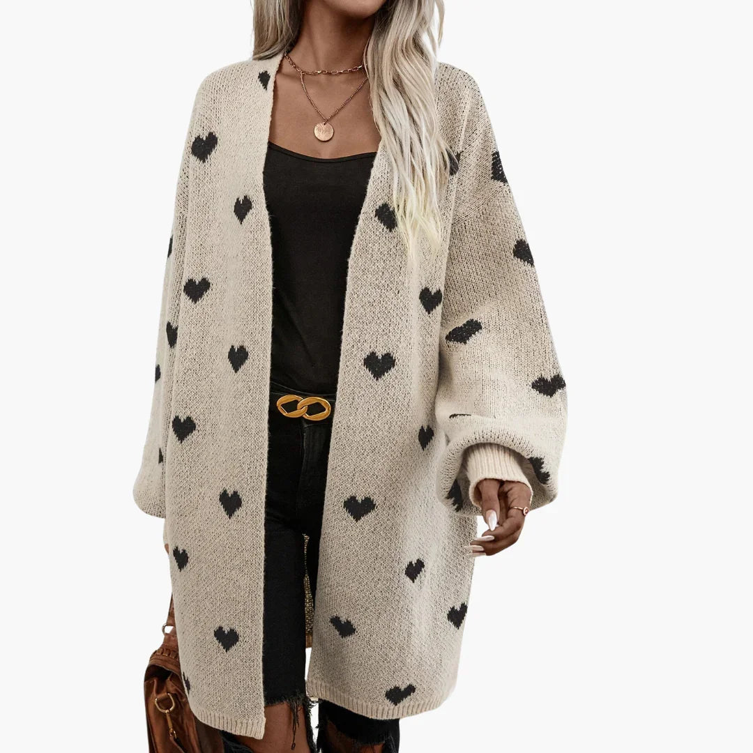 Women's Open Front Cardigan with Heart Pattern