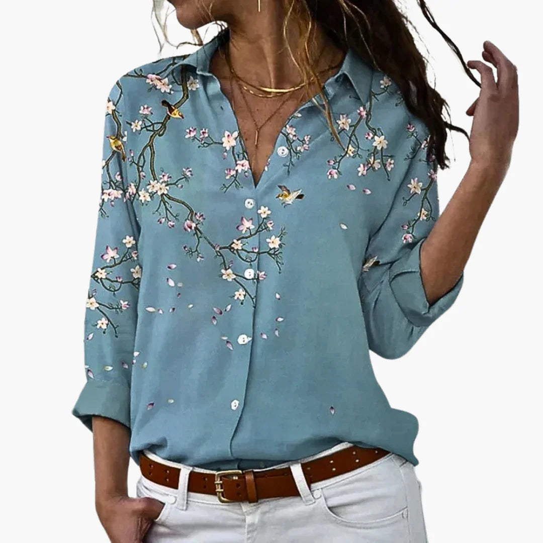 Women's Blouse with Button Placket and Printed Surface
