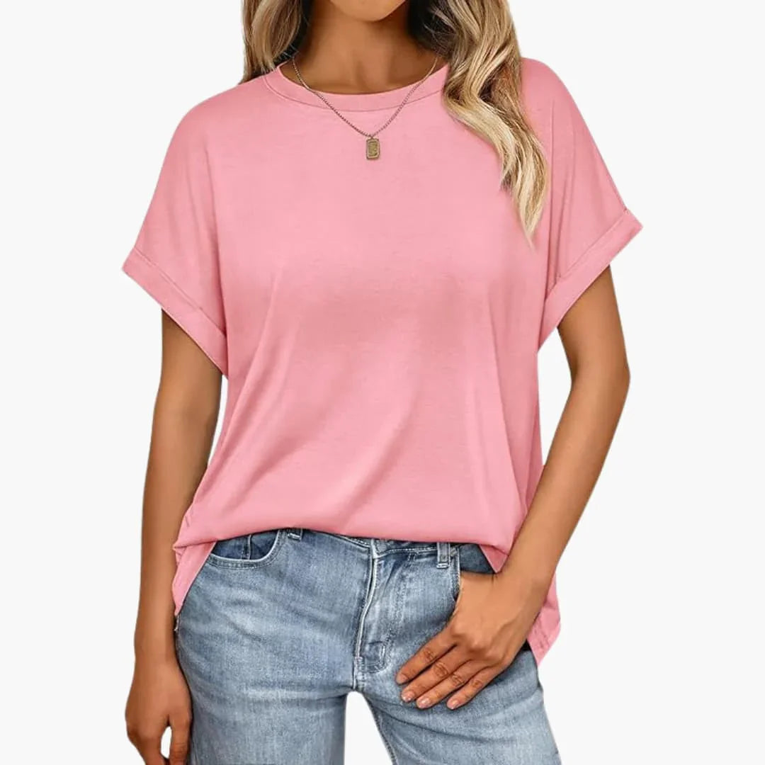 Women's Oversized T-Shirt with Round Neck and Cuffed Sleeves