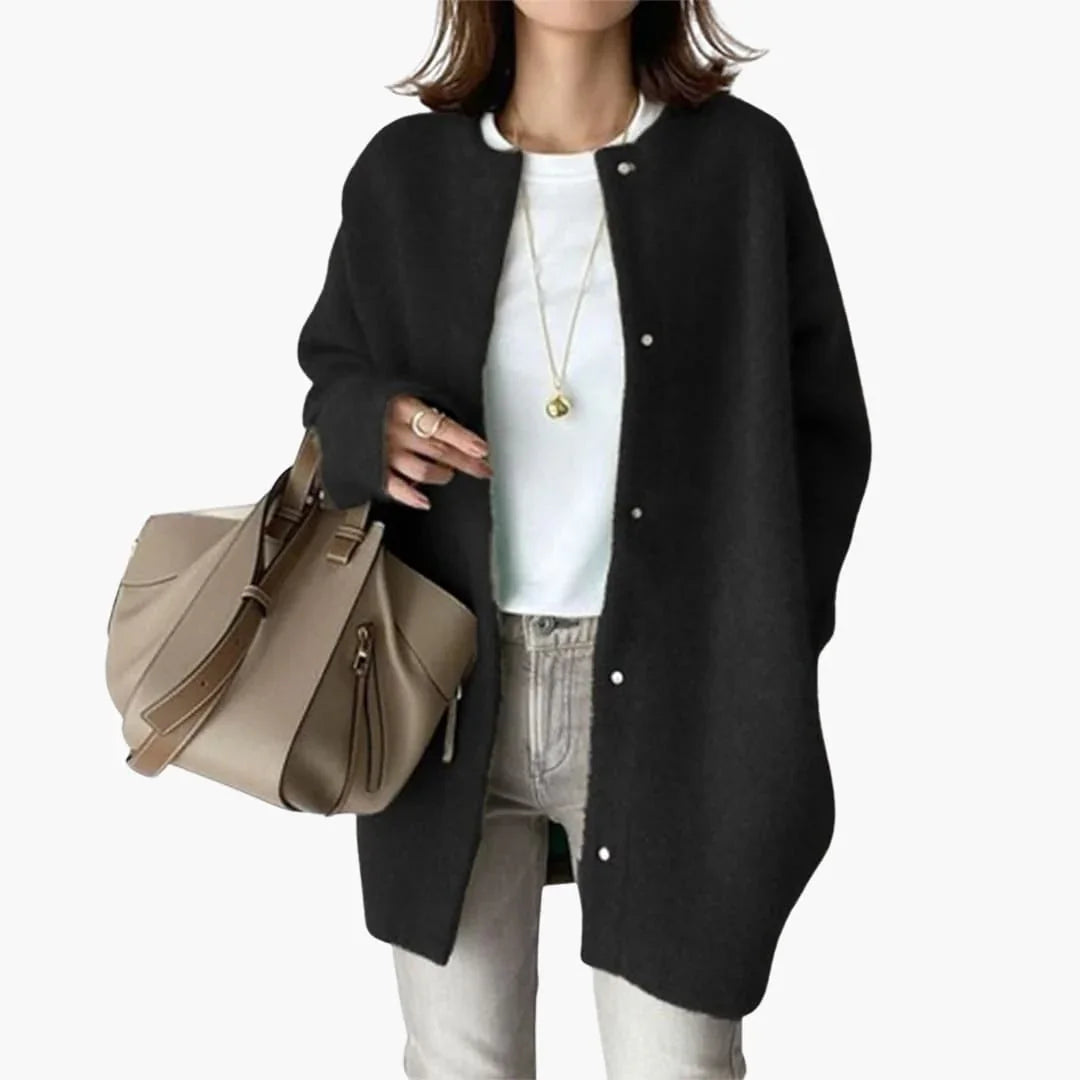 Women's Coat with Button Closure and Straight Hem