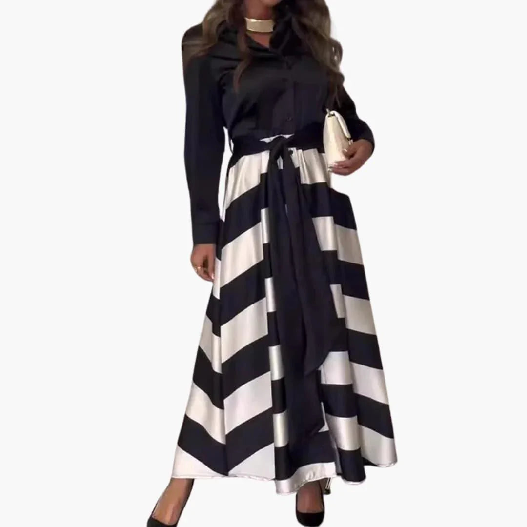 Striped Maxi Dress for Women - with Shirt Collar and Belt