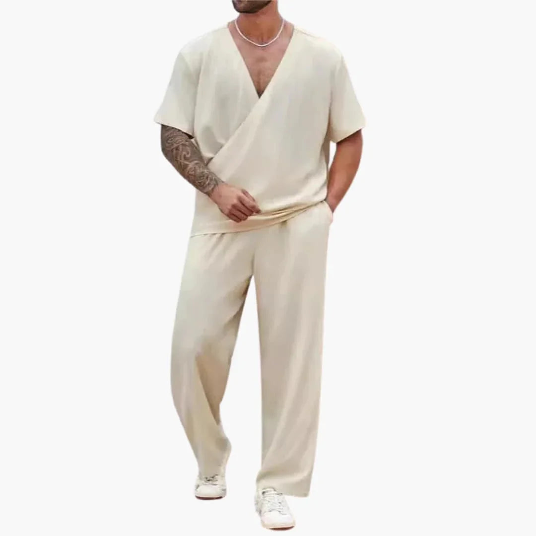 Men's Summer Two-Piece Set with V-Neck and Long Pants