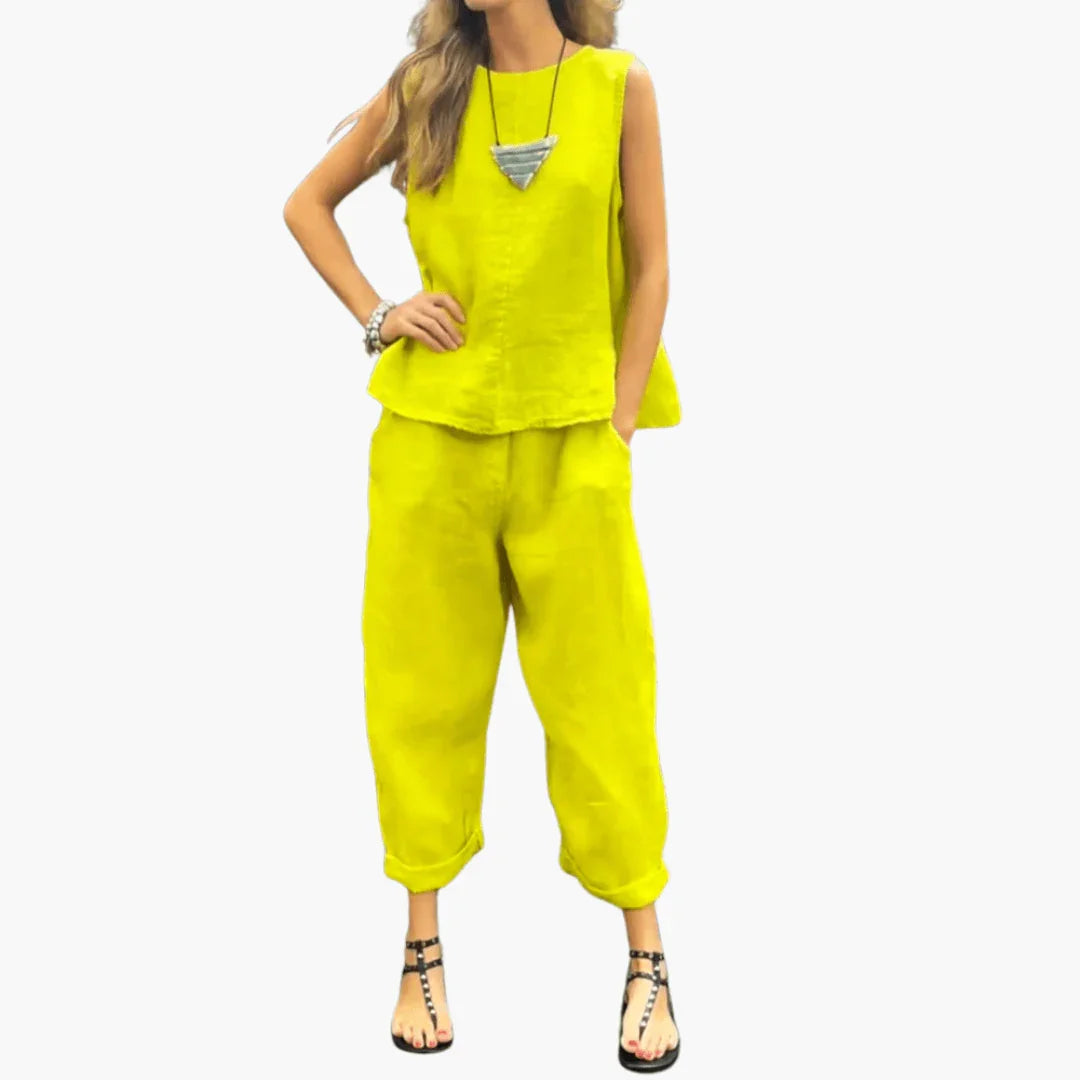Casual Linen Two-Piece Set for Women - Top & Pants