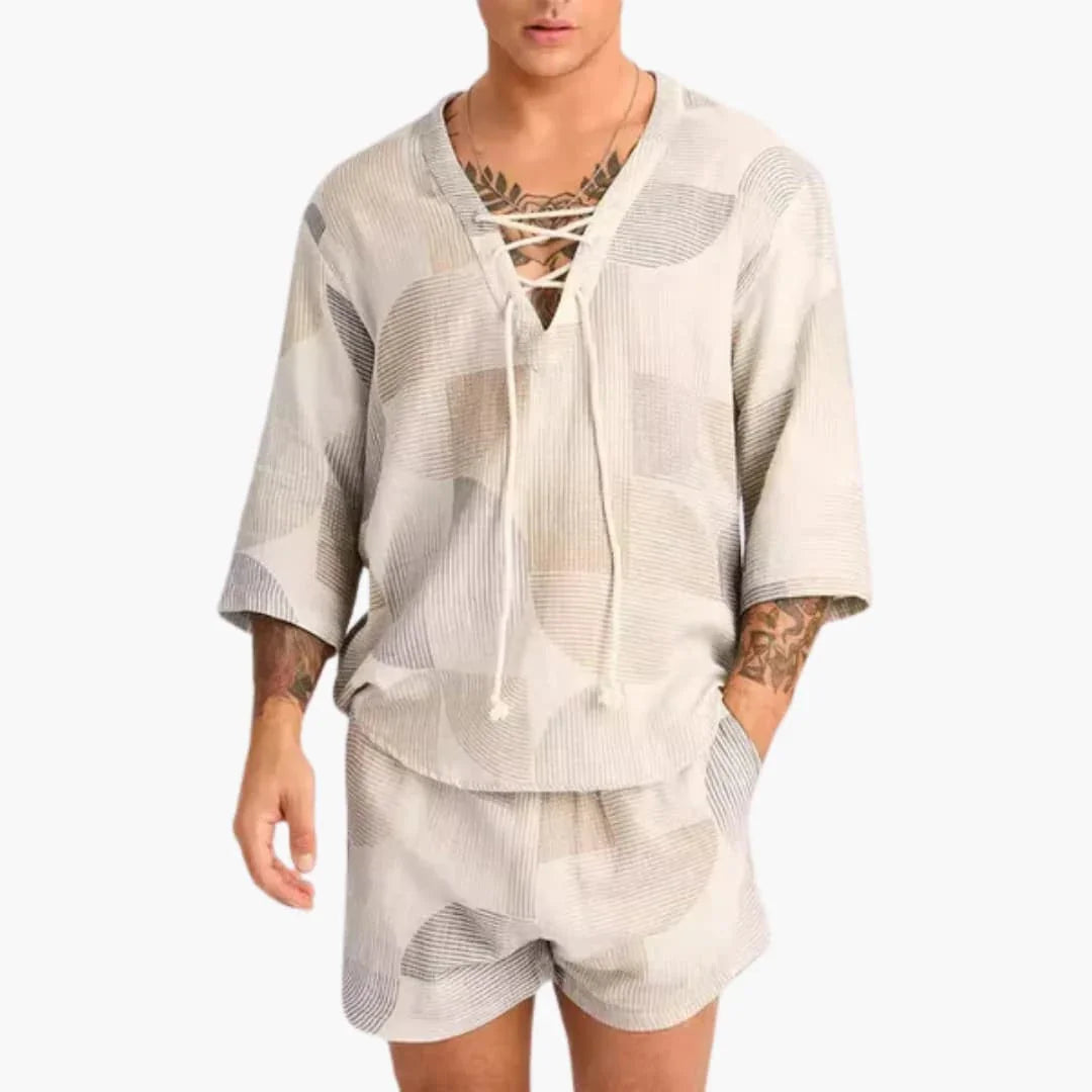 Men's Summer Set with Lace Neckline and Shorts