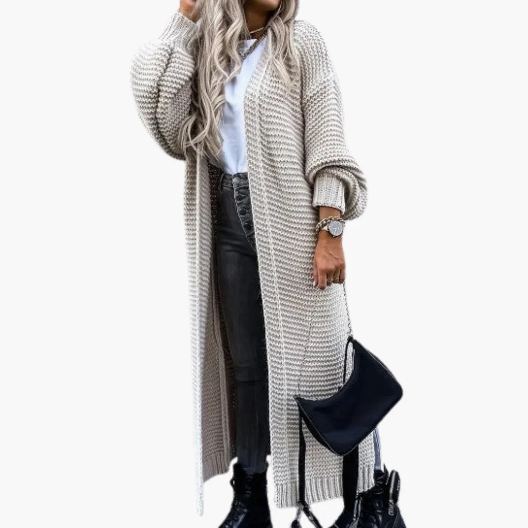 Women's Long Cardigan with Open Front and Ribbed Cuffs