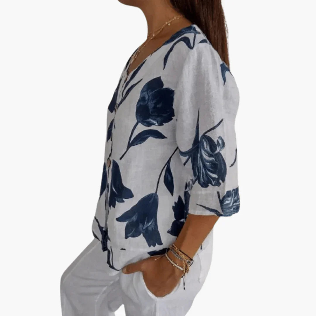 Women's Blouse with Floral Pattern  Summer V-Neck Top