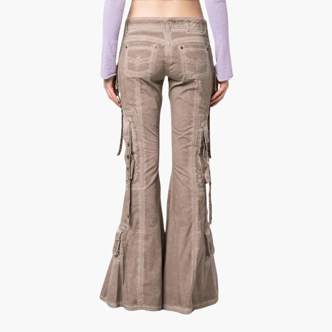 Cargo Pants for Women with Lacing  Beige Flared Pants