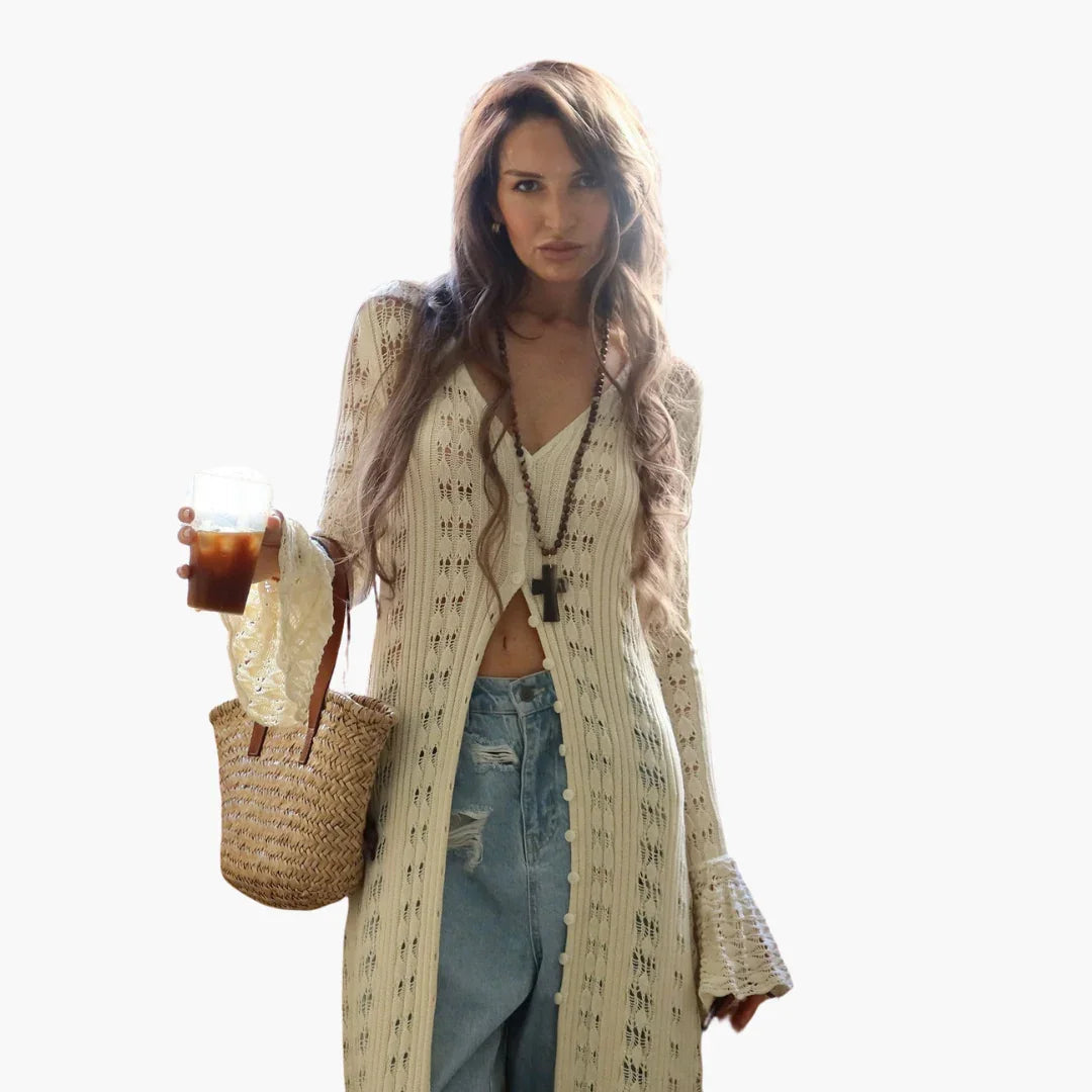 Women's Long Cardigan with Open Front and Flared Sleeves