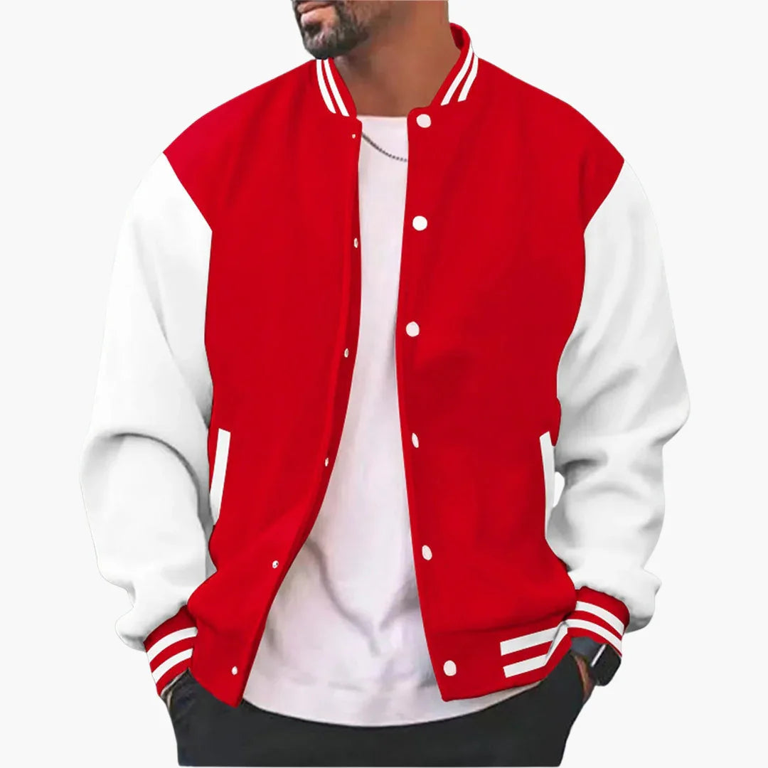 Men's Varsity Bomber Jacket with Snap Buttons and Ribbed Trim