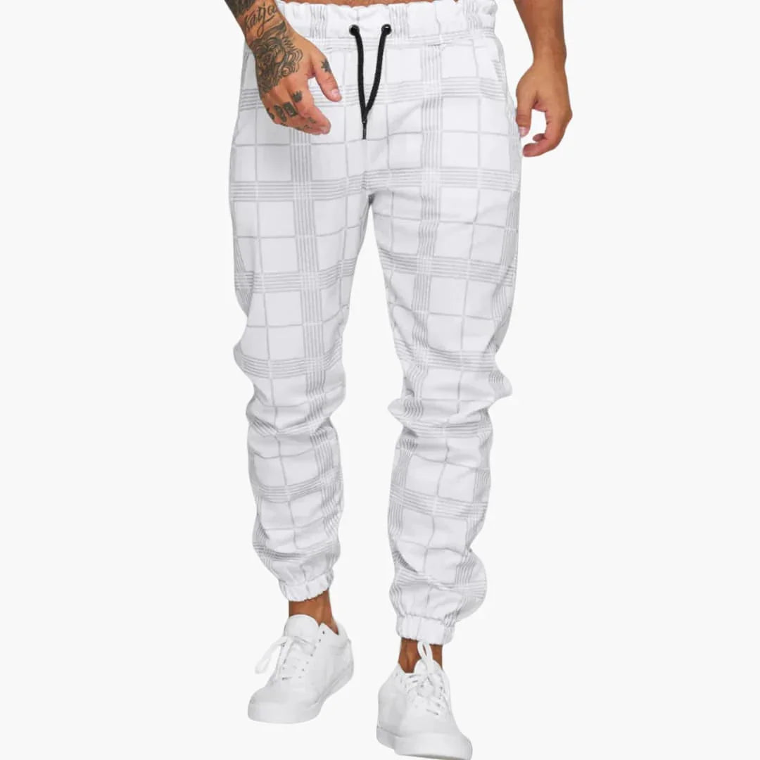 Men's Jogging Pants with Checkered Pattern and Fleece Cuffs
