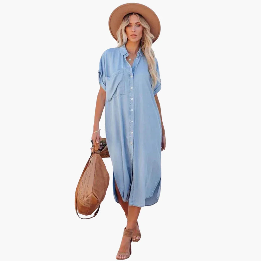 Denim Shirt Dress for Women  Casual, Button Placket, Short Sleeve